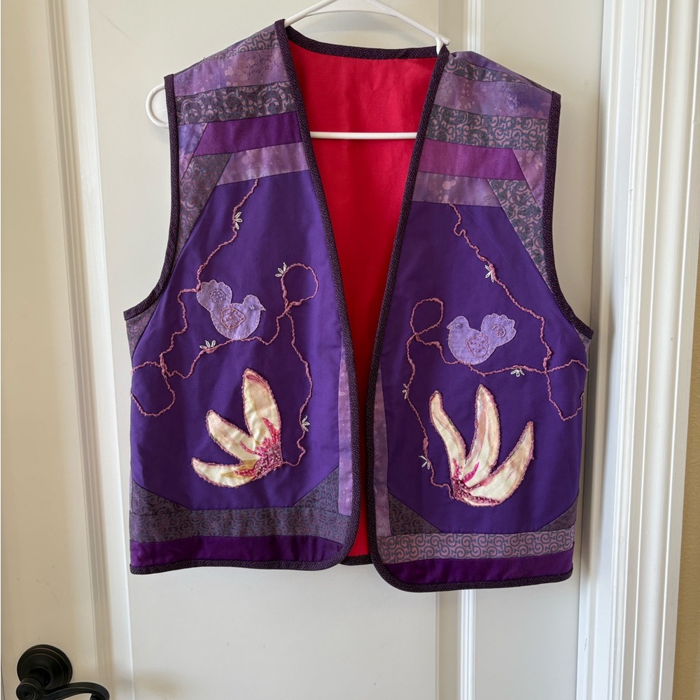 Handmade Reversible Quilted Vest Large Purple Embroidered Patchwork Art To Wear